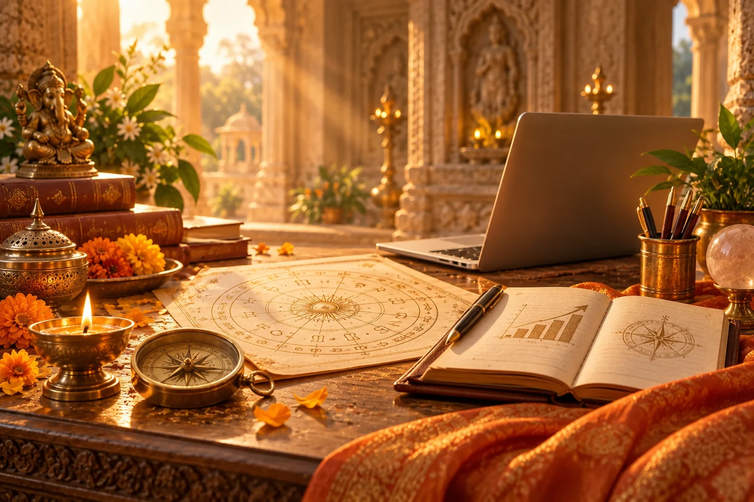 Professional astrology desk with laptop, horoscope chart and compass in a temple-inspired space