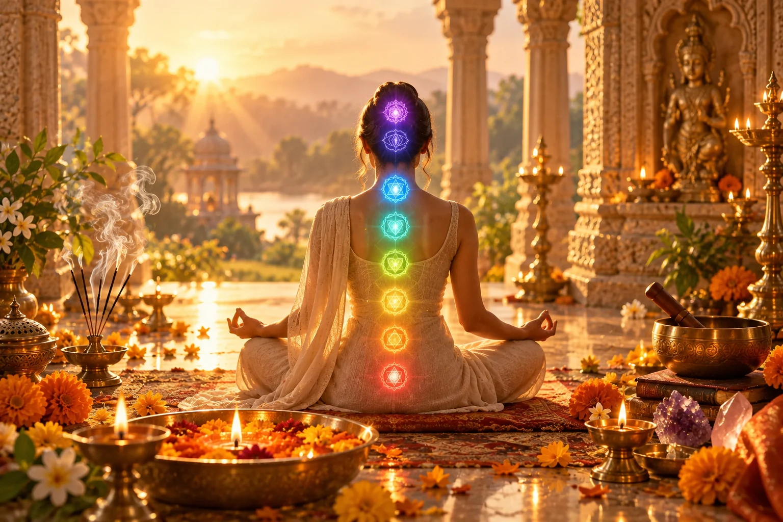 Meditation scene with glowing chakras, brass lamps and flowers in a golden temple pavilion