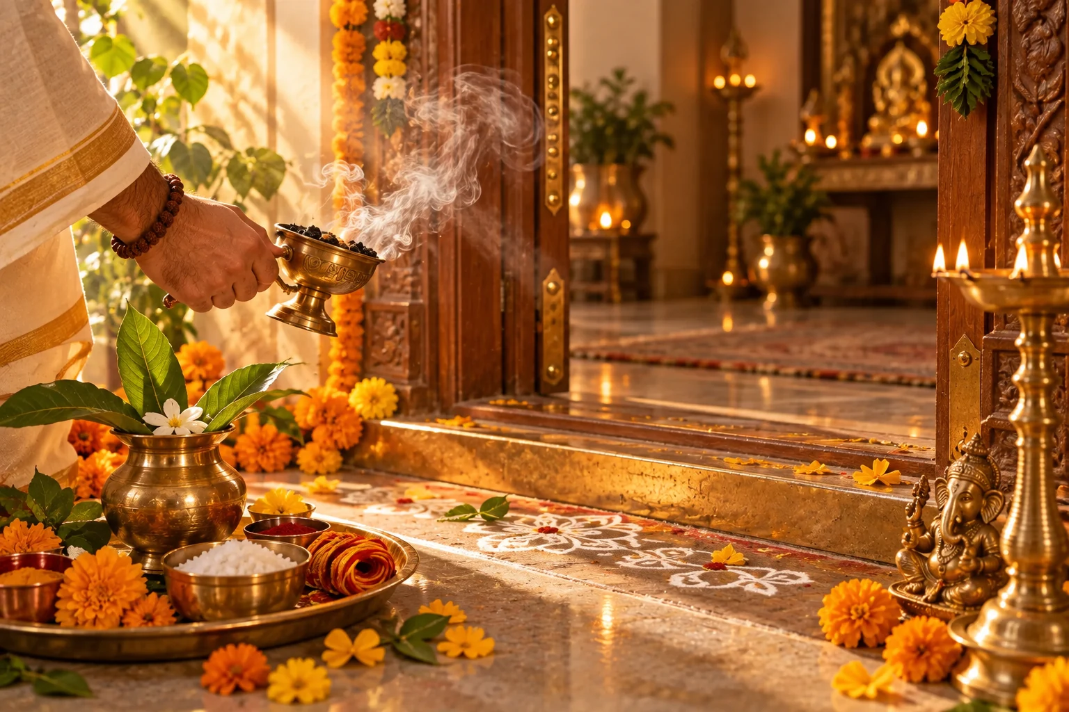 A doorway cleansing ritual with incense smoke, rangoli and brass prayer items