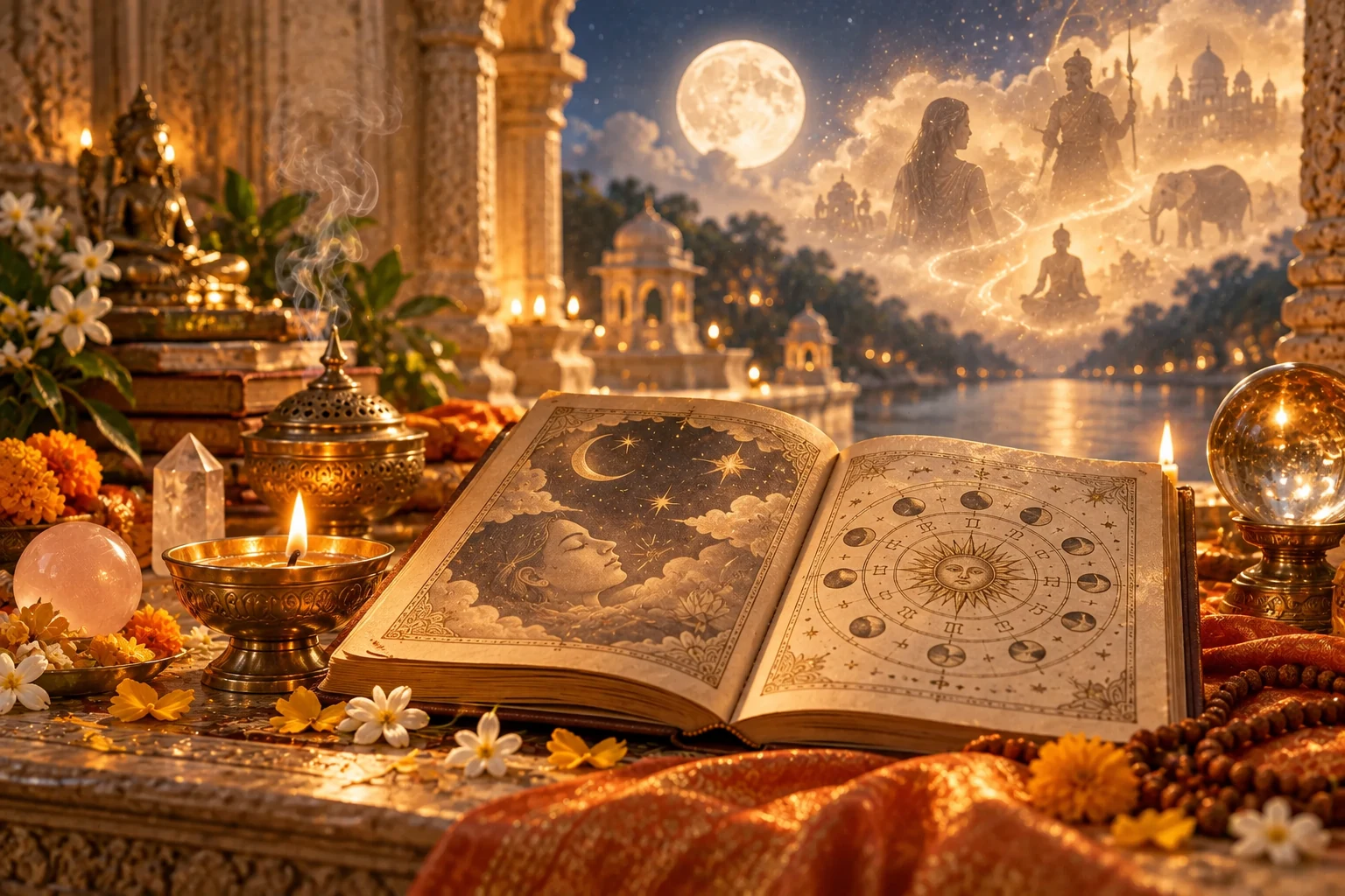 Moonlit dream and past-life altar with an open celestial book and spiritual imagery