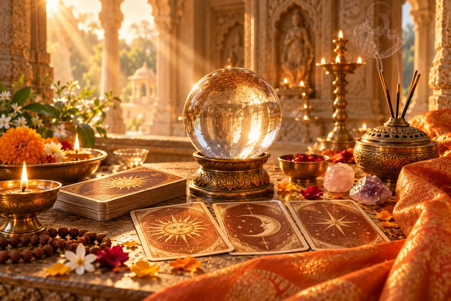 Crystal ball, celestial cards and incense arranged in a glowing temple sanctuary