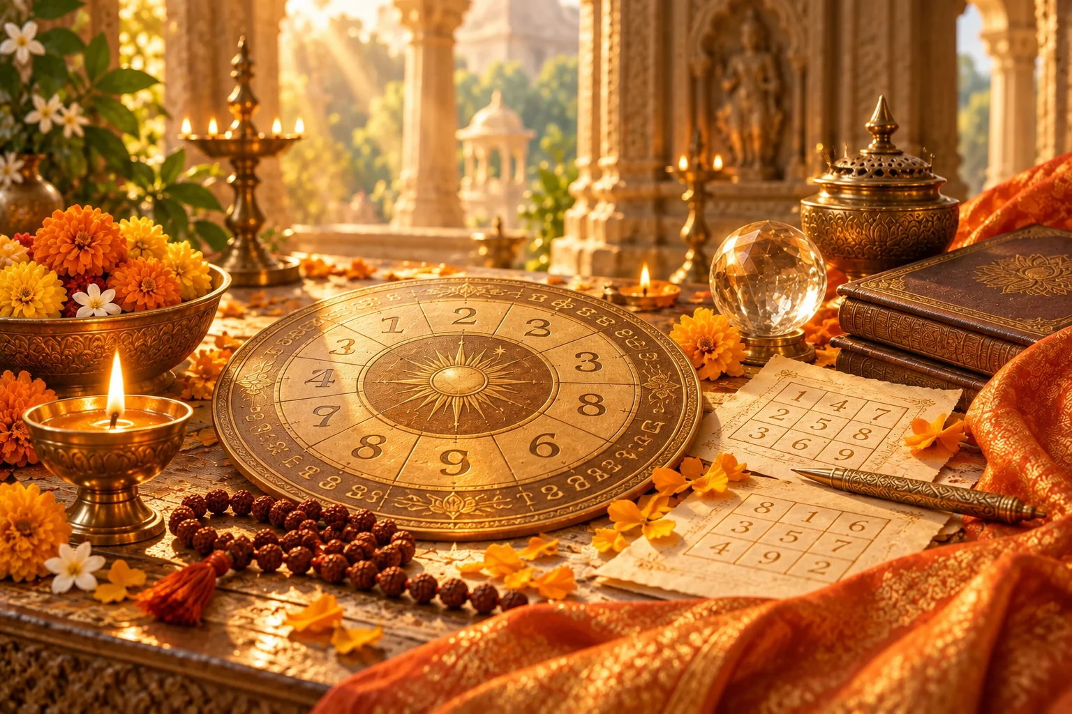 Sacred numerology wheel, handwritten number charts and marigolds in a warm temple setting