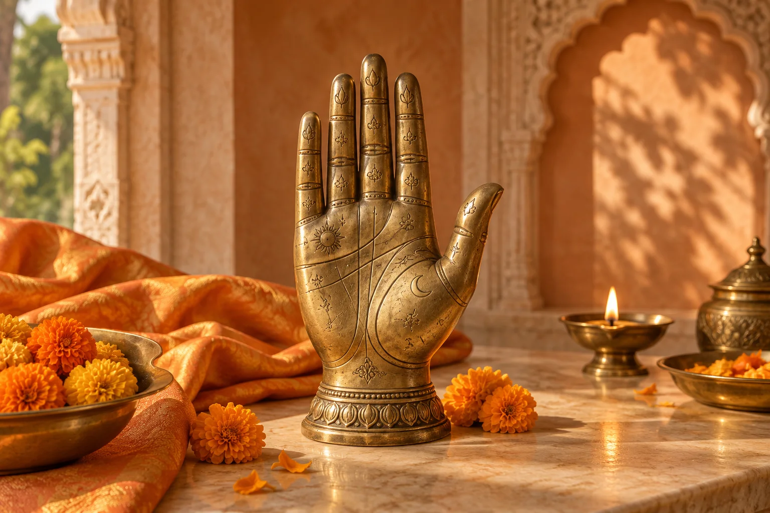 Decorative brass palmistry hand beside marigold flowers