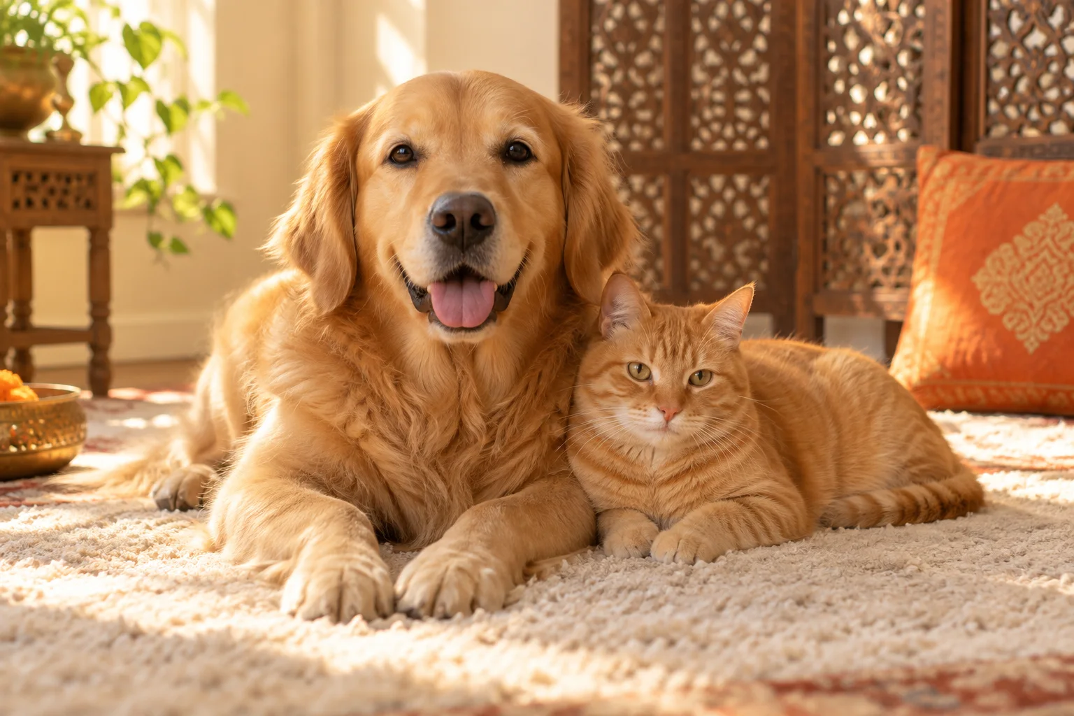 Golden retriever resting beside a ginger cat in a warm sunlit room