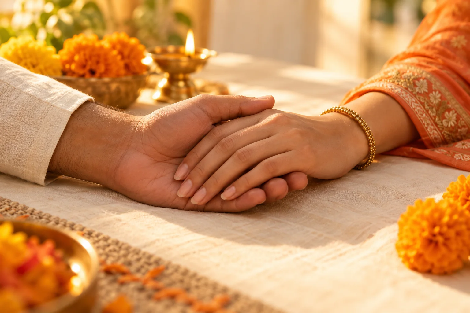 Two adult hands held together beside saffron cloth and marigold flowers