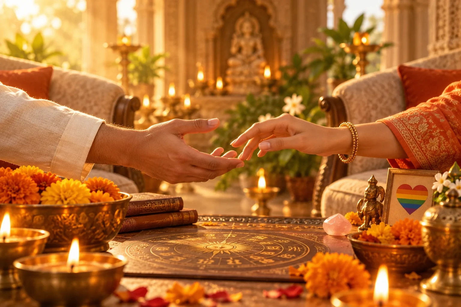 Two people reaching toward connection in a peaceful counseling-inspired spiritual setting