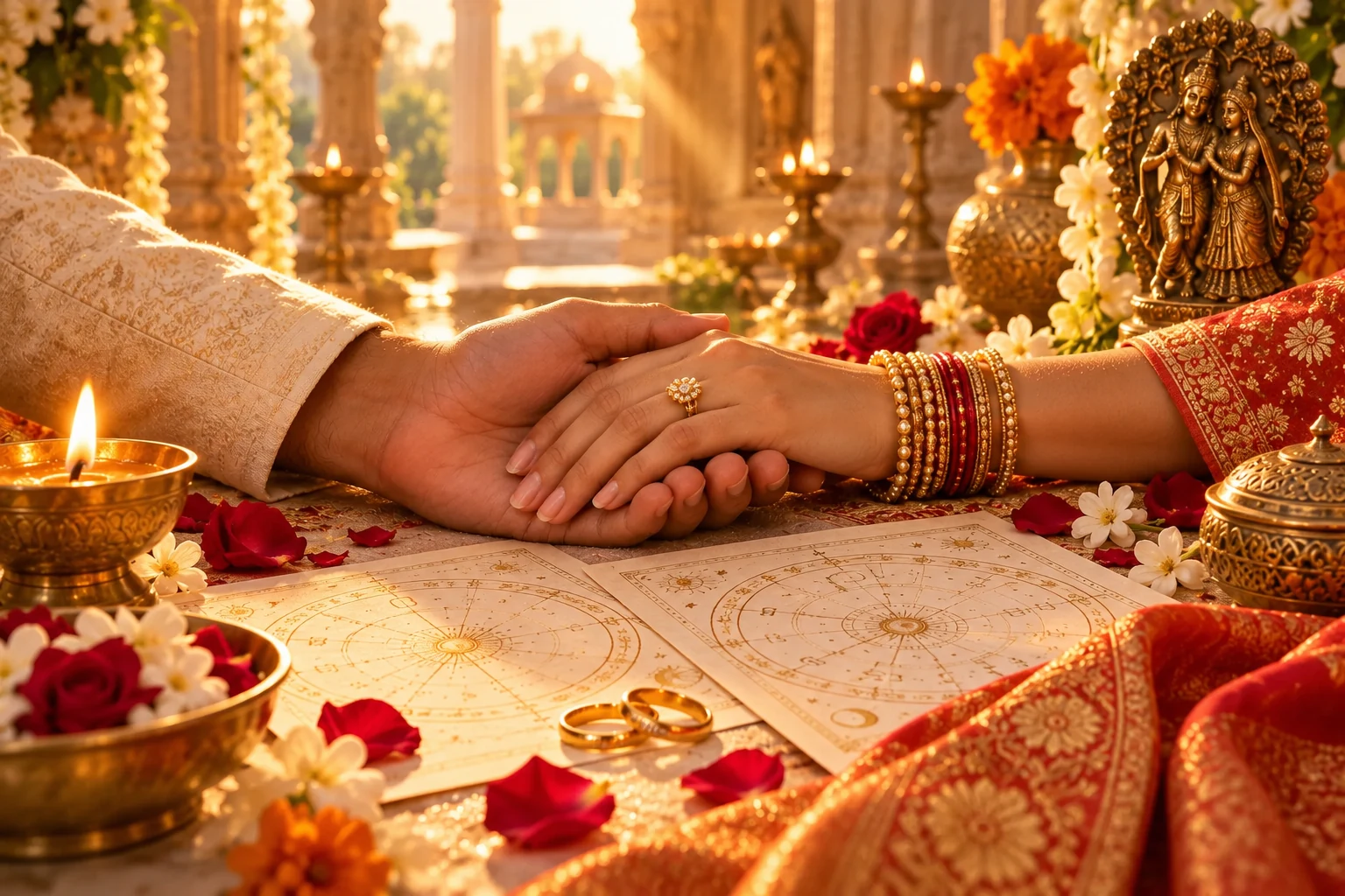 Joined hands, horoscope charts and wedding symbols in a warm sacred relationship setting