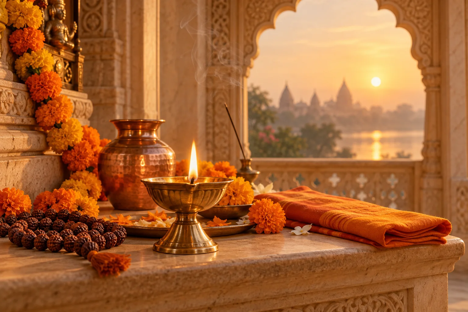 Lit brass diya, prayer beads and marigold flowers in a traditional Indian setting