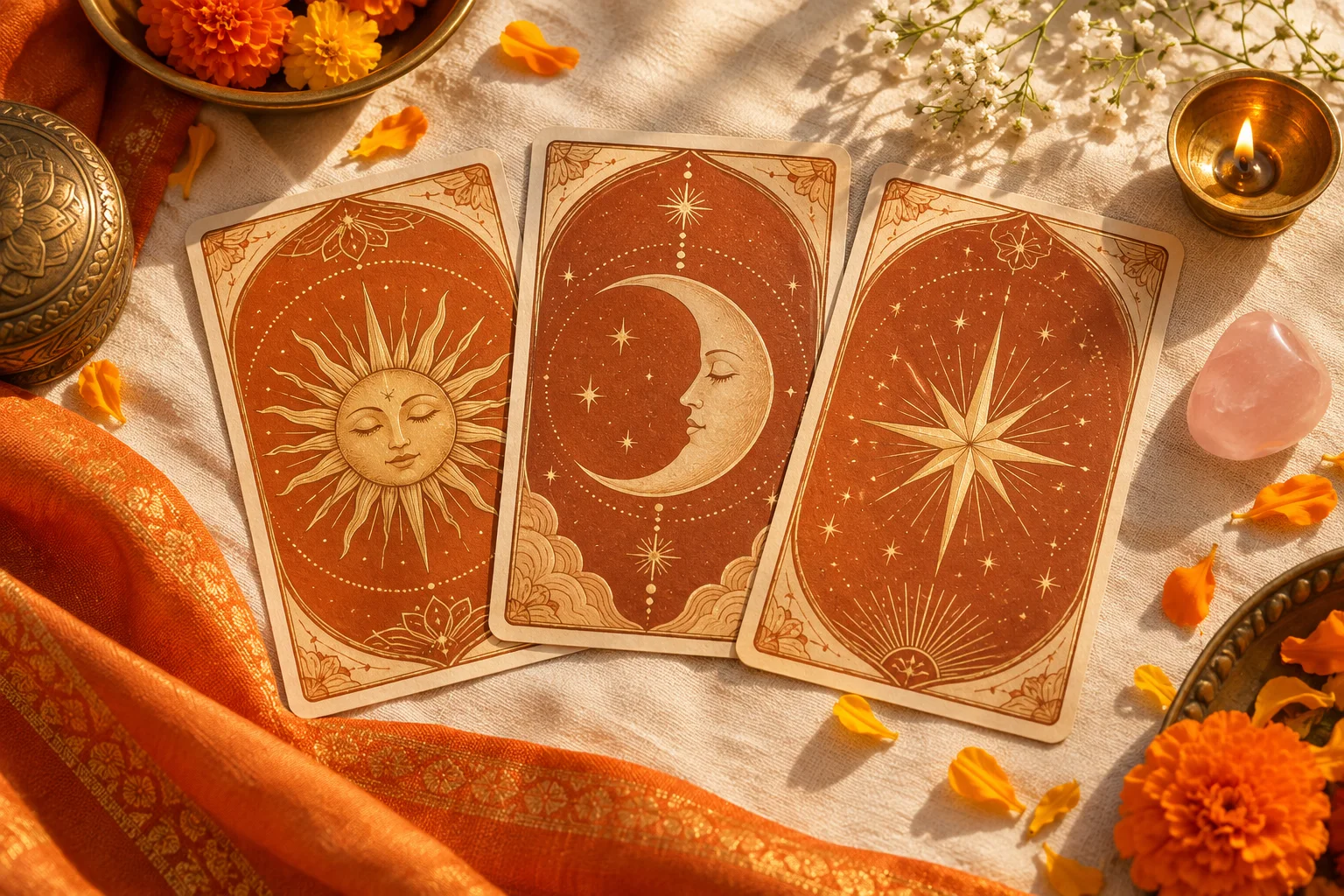 Sun, moon and star cards arranged on cream linen with saffron fabric