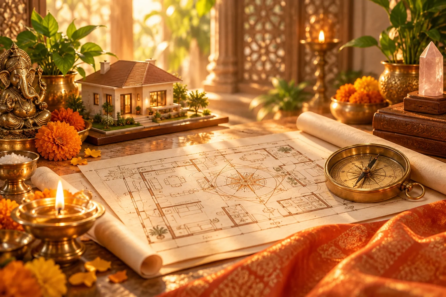 Vastu house plan with brass compass and miniature home model in a saffron-lit interior