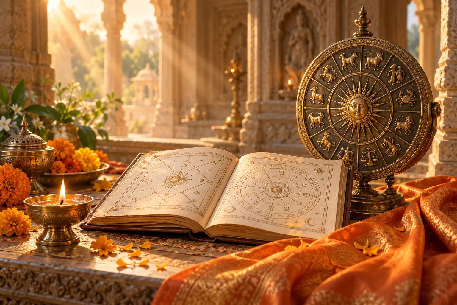 Brass celestial wheel, astrology book and diya in a saffron temple setting